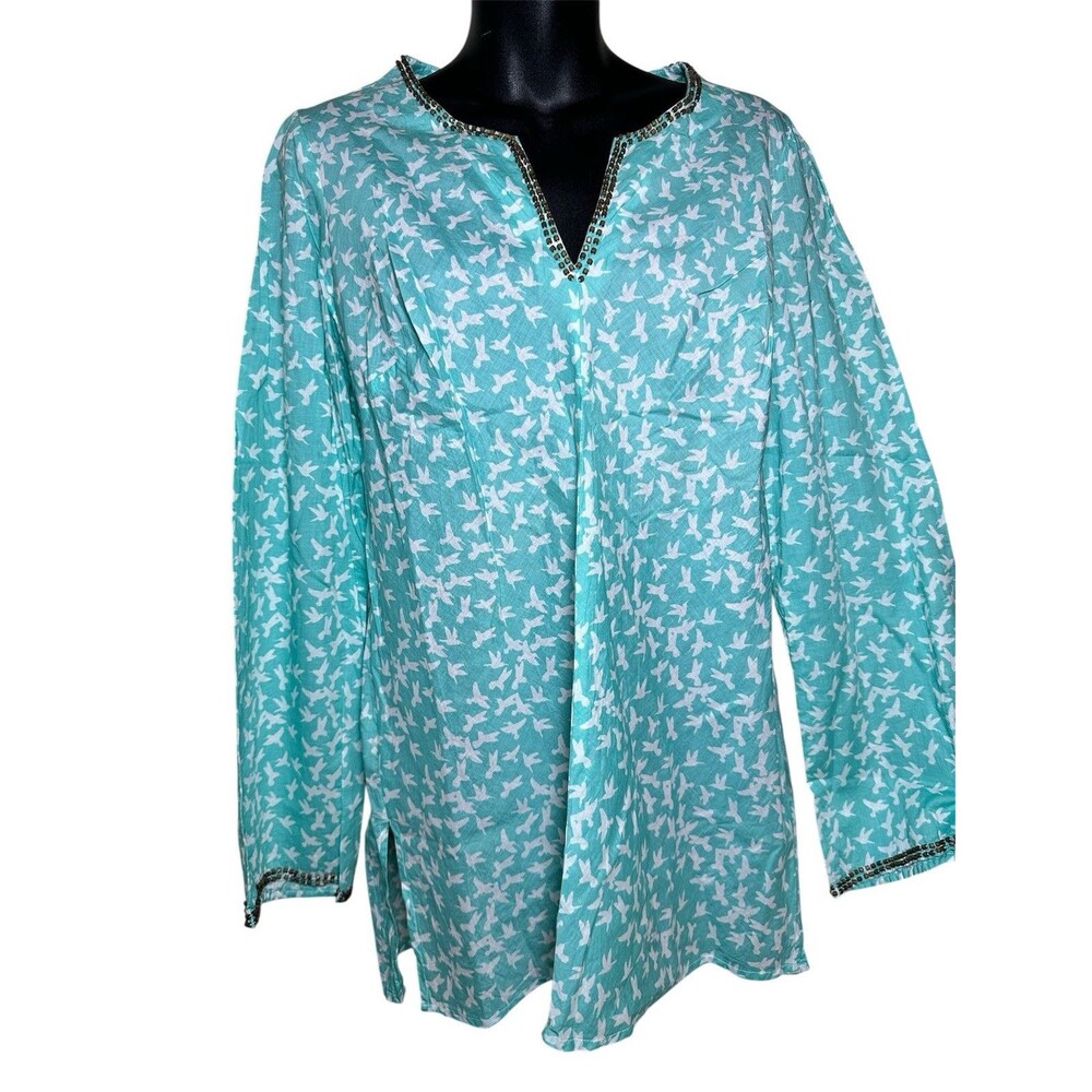 Laura Ashley Women’s Top Turquoise Beaded Collar And Sleeve Trim Sz 6 Birds